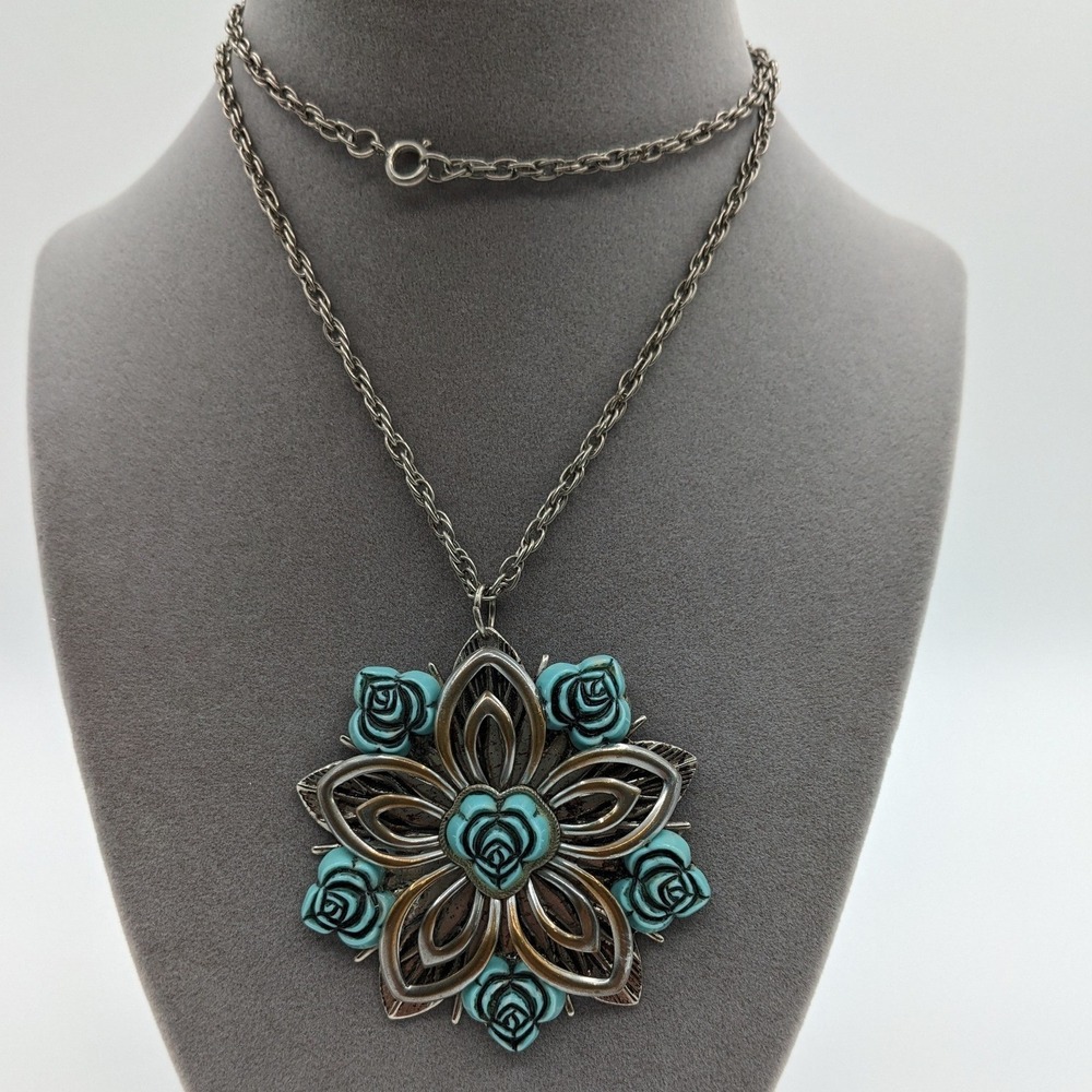 Vintage Style Turquoise Rose Flower Statement Necklace Silver Bronze Mixed Metal